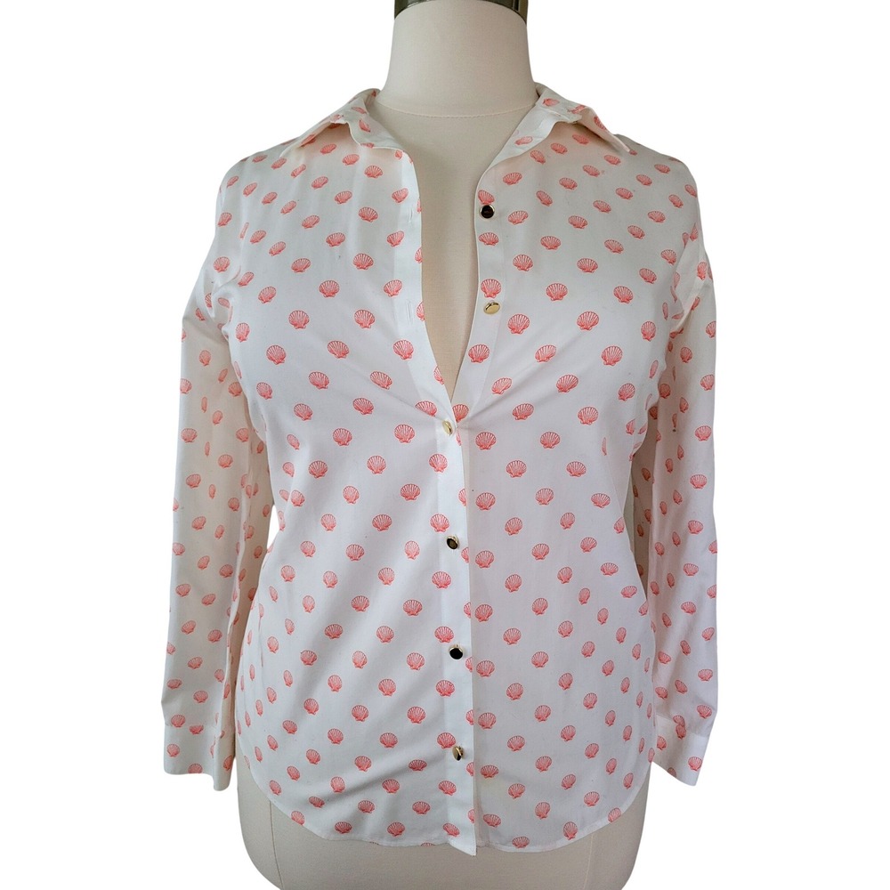 Chicos No-Iron Seashell Print Button Down Shirt White Coral Gold Hardware Size 2
